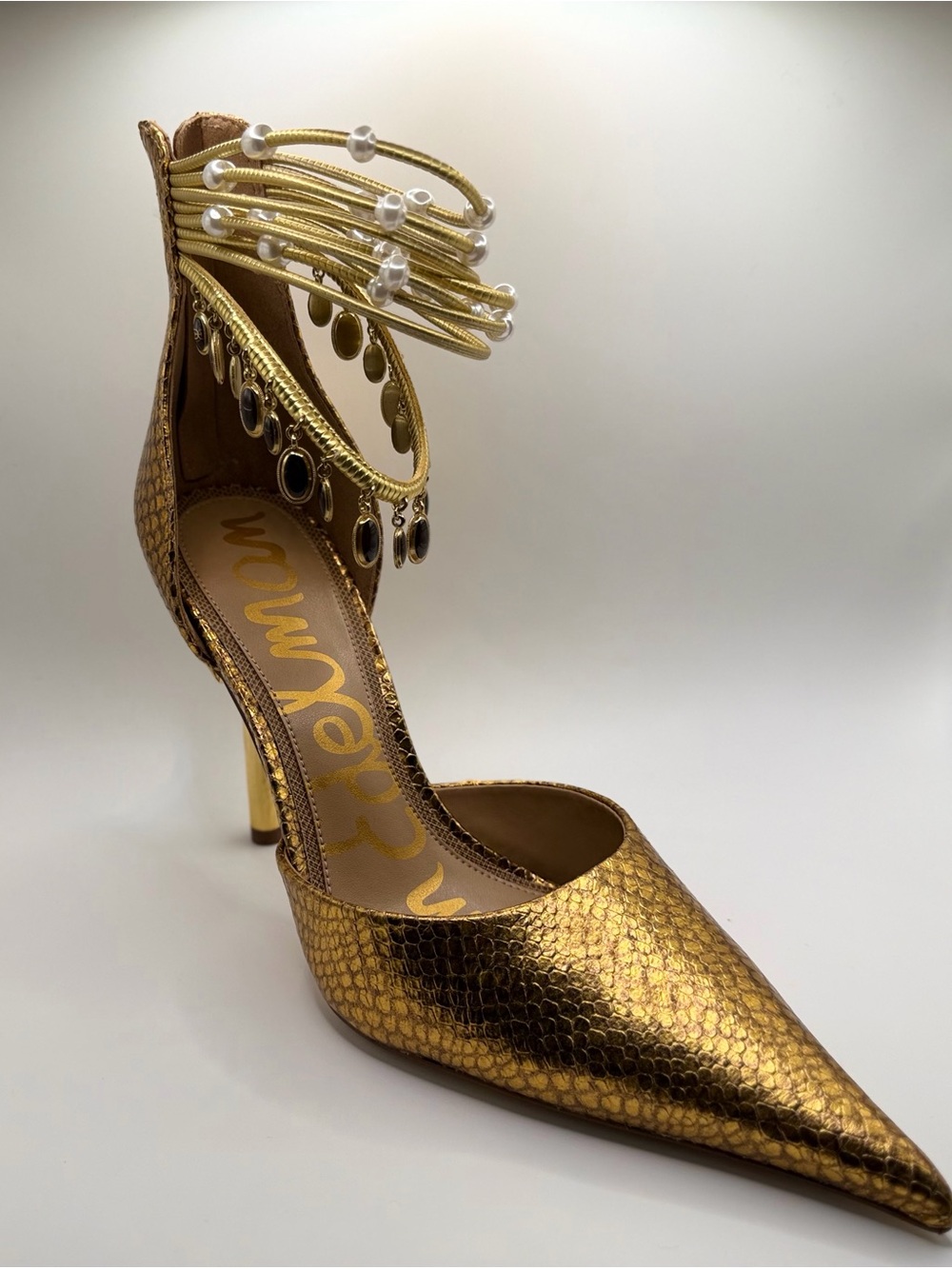 Sam Edelman Gold Textured Pointed-Toe Ankle-Strap Pump with Beaded Fringe